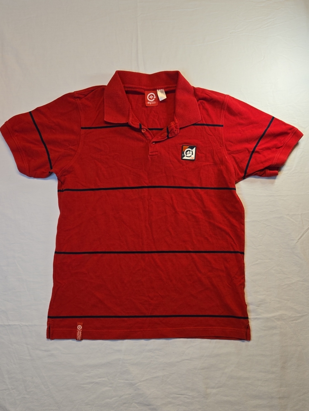 LRG Red 1/4 Button Down Cotton Polo Shirt with Navy Stripes Vintage Y2K